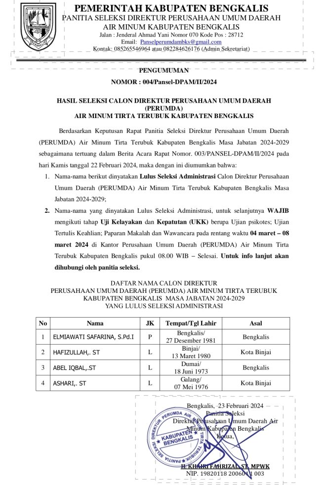 
 ? Ini Empat Calon Direktur PERUMDA yang Dinyatakan Lulus Administrasi Oleh Pansel.