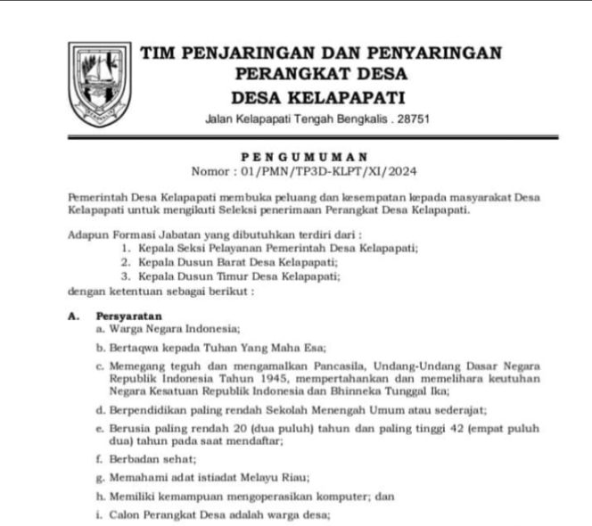 
 Surat pengumuman penjaringan perangkat desa