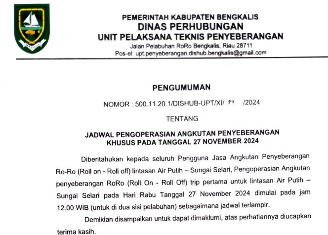
 Jadwal Penyeberangan Ro-Ro Bengkalis Berubah Pada Hari Pilkada 27 November 2024