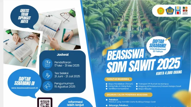 
 📸 Hari ini batas akhir beasiswa sawit dari BPDPKS. Dapatkan biaya pendidikan full cover untuk anak pekebun. Daftar sekarang.