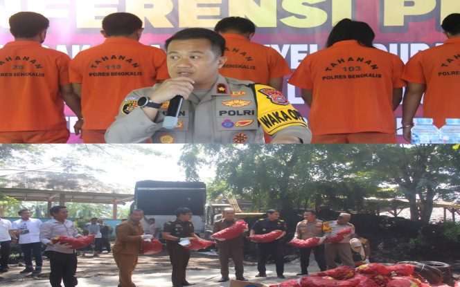 
 📸  Wakapolres Bengkalis, Komisaris Anton Rama Putra, saat konferensi pers pemusnahan barang selundupan di Tempat Pembuangan Akhir (TPA) Jalan Bantan, Kecamatan Bantan, Selasa (6/5/2025).