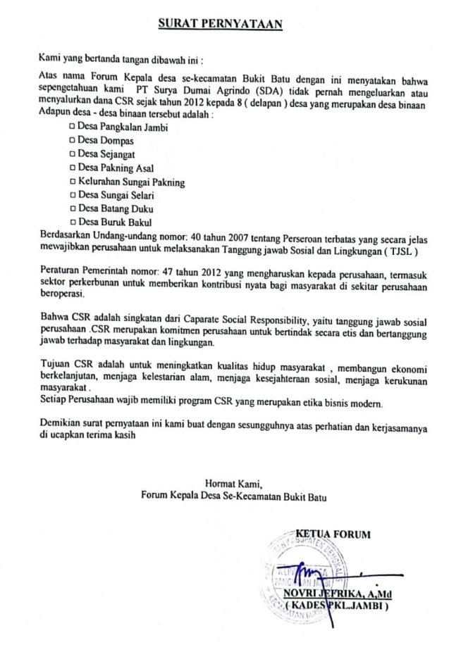 Delapan Desa di Bukit Batu Tak Pernah Terima Dana CSR, PT Surya Dumai Agrindo Dituding Ingkar Janji Sejak 2012