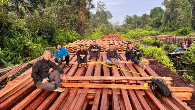 
 📸 Petugas kehutanan dan polisi memeriksa kayu pasca-banjir.