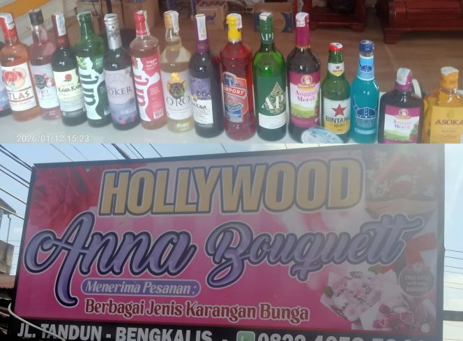 
 📸 Botol minuman beralkohol terlihat terpajang di dalam Warung Hollywood, Bengkalis, sebelum akhirnya menghilang usai dikonfirmasi awak media.