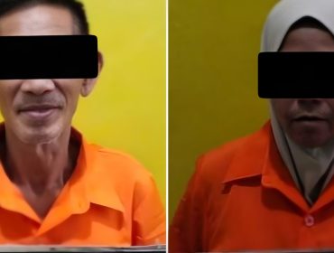 📸 Pasutri berinisial J dan S, terduga pelaku TPPO, yang ditahan Polres Bengkalis terkait penampungan PMI non-prosedural.
