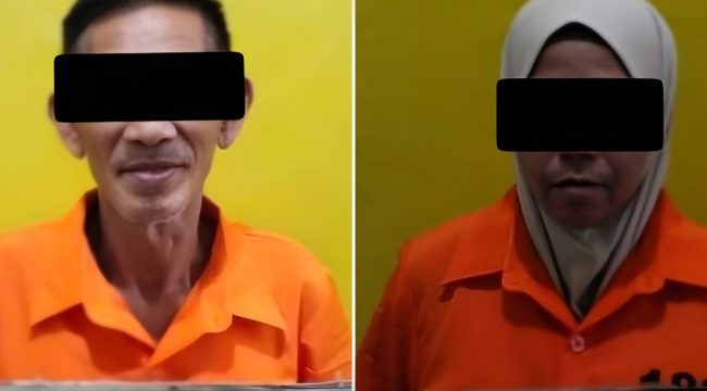 📸 Pasutri berinisial J dan S, terduga pelaku TPPO, yang ditahan Polres Bengkalis terkait penampungan PMI non-prosedural.