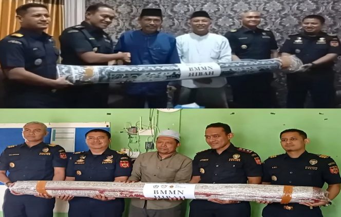 
 📸 Kepala Bea Cukai Bengkalis didampingi anggota menyerahkan hibah karpet hasil penindakan kepabeanan kepada pengelola pesantren di Kecamatan Bantan.