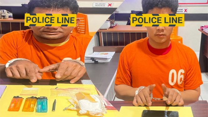 
 📸 Dua tersangka pengedar sabu yang ditangkap Polsek Bukit Batu dalam pengembangan kasus narkotika lintas wilayah di Riau.
