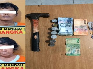 📸 Polisi mengamankan dua pelaku pasutri bobol kotak amal Masjid Baitul Amal di Mandau beserta barang bukti di Polsek Mandau.
