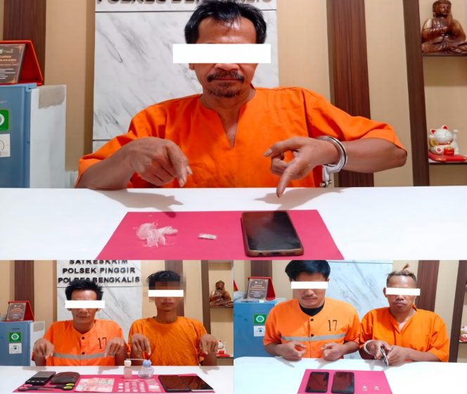 
 📸 Lima tersangka beserta barang bukti sabu, pil ekstasi, timbangan digital, telepon genggam, dan uang tunai hasil pengungkapan tiga kasus narkotika.