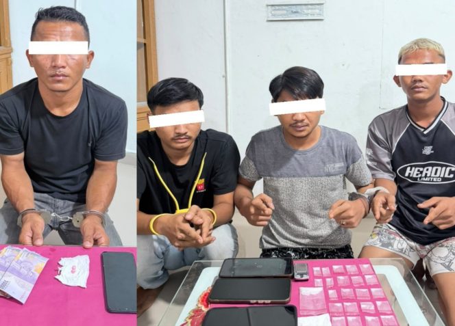 
 📸 Polsek Mandau mengamankan empat terduga pelaku serta menyita barang bukti.