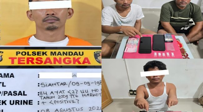 📸 Tim Opsnal Polsek Mandau mengamankan tersangka dan barang bukti dalam tiga penindakan dugaan kasus narkotika.