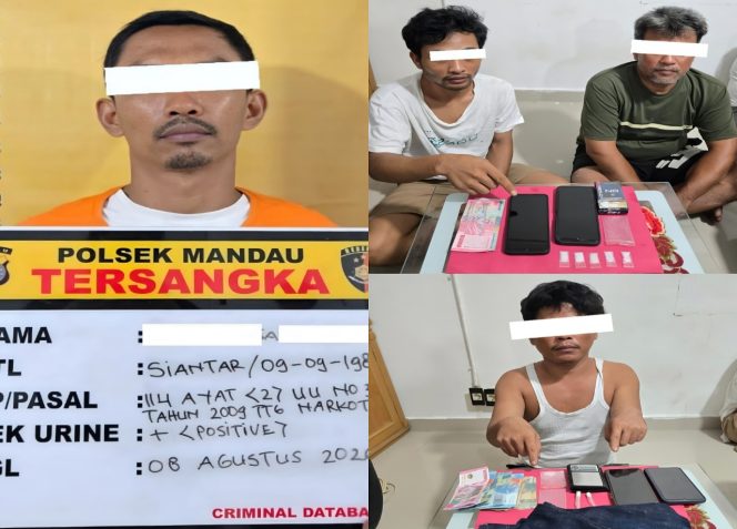 
 📸 Tim Opsnal Polsek Mandau mengamankan tersangka dan barang bukti dalam tiga penindakan dugaan kasus narkotika.
