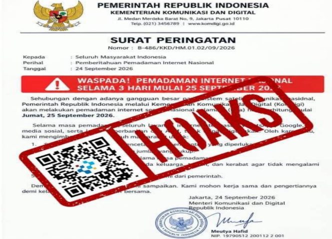 
 📸 Komdigi memastikan surat pemadaman internet nasional pada 25-27 September 2026 merupakan dokumen palsu.